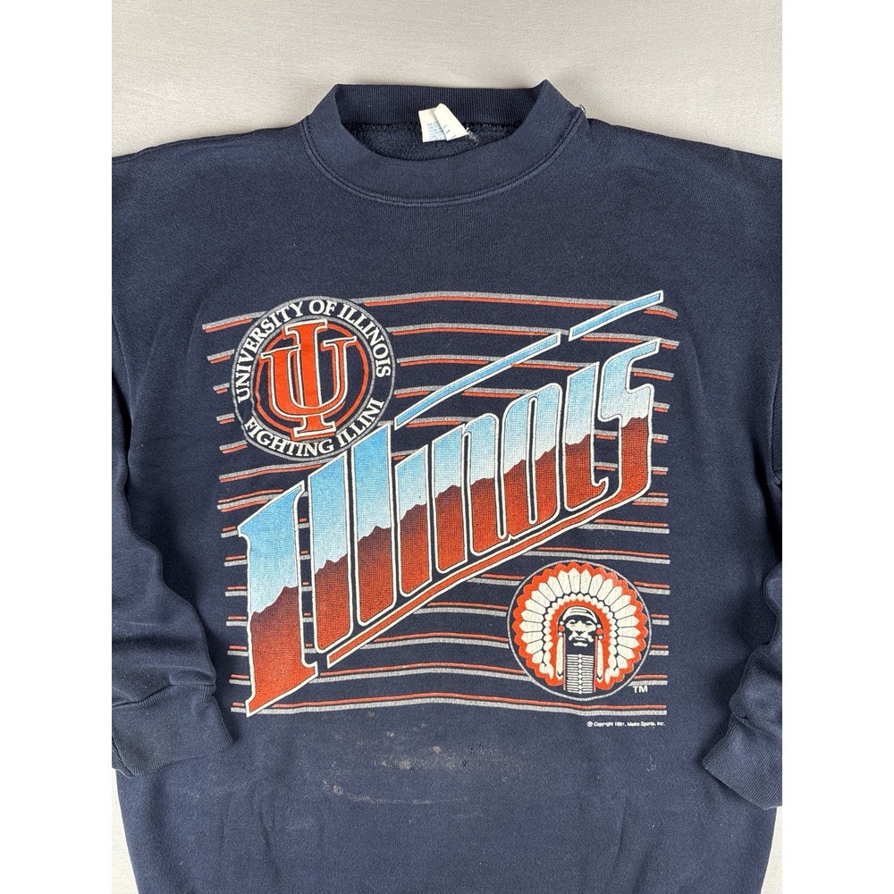 Vintage 90s Illinois Illini Sweatshirt NCAA College 1991 Navy Crewneck Mens L - Picture 2 of 13